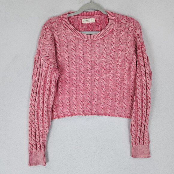 Lucky Brand Sweater Womens Medium Pink Cropped Cable Knit Crew Neck Pullover - Picture 1 of 9